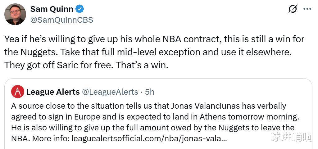 想回欧洲！瓦兰寻求买断合同掘金正说服他留在NBA